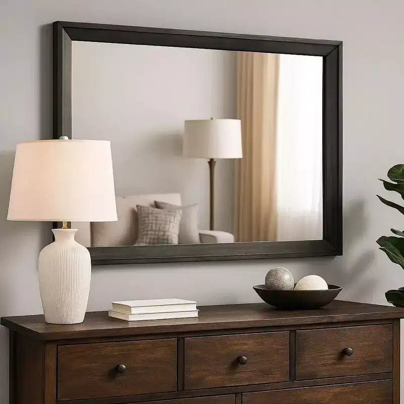 45-Inch Rectangular Wooden Frame Wall Mirror, Warm Gray, Contemporary Style