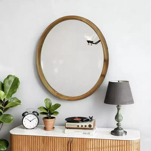 23.62-Inch Mid-Century Modern Round Wall Mirror with Natural Wood Frame