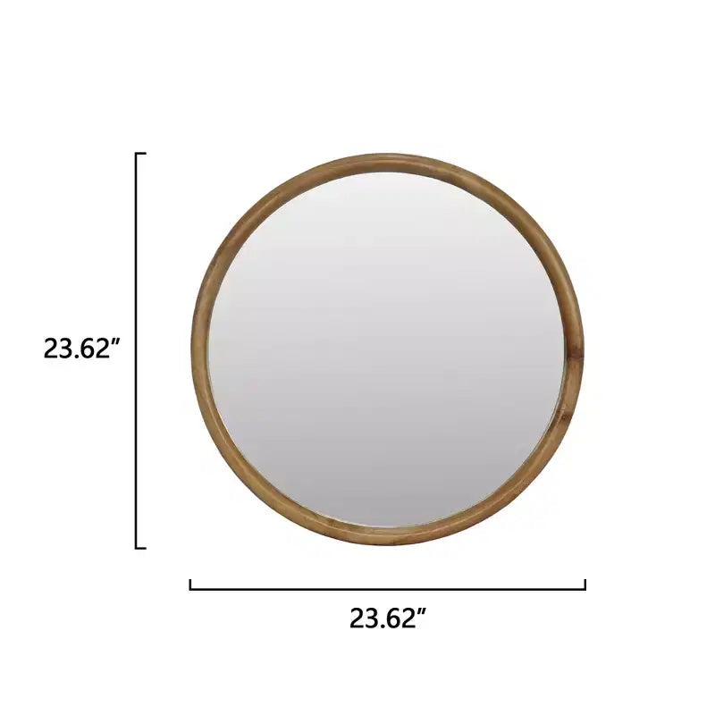 23.62-Inch Mid-Century Modern Round Wall Mirror with Natural Wood Frame
