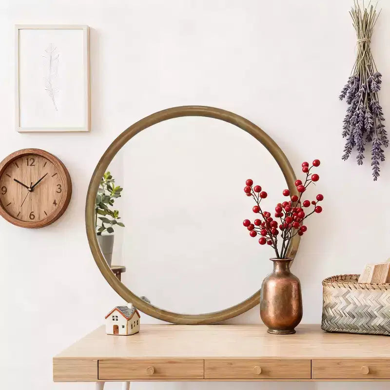 23.62-Inch Mid-Century Modern Round Wall Mirror with Natural Wood Frame