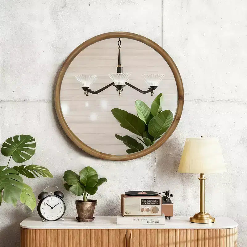 23.62-Inch Mid-Century Modern Round Wall Mirror with Natural Wood Frame