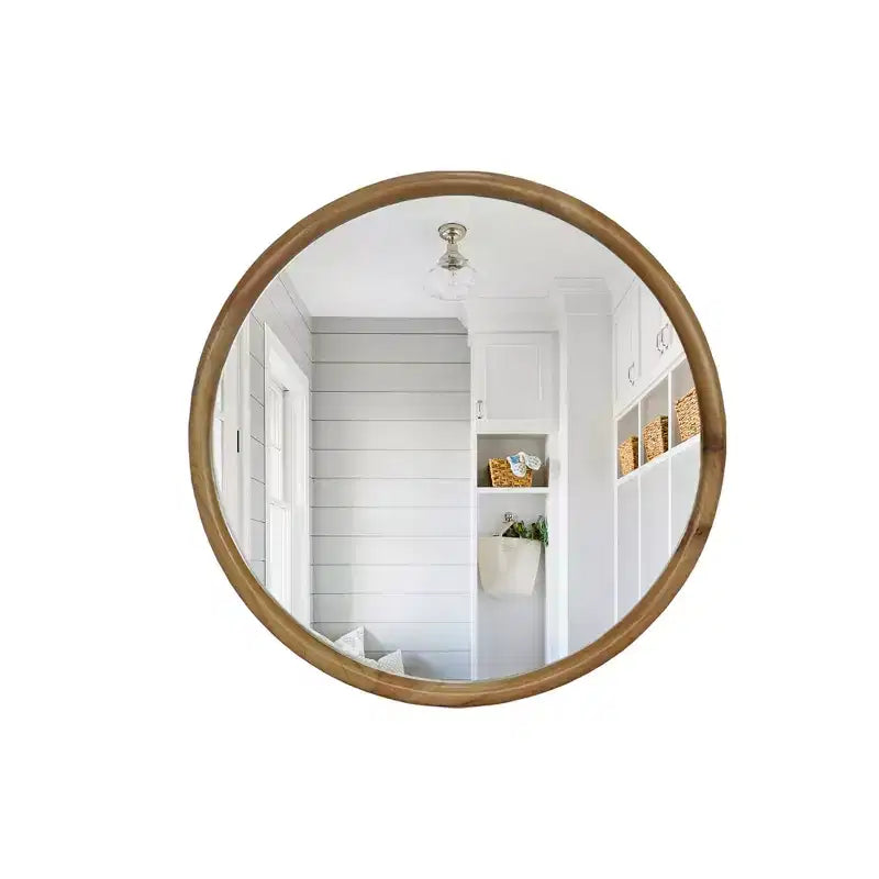 23.62-Inch Mid-Century Modern Round Wall Mirror with Natural Wood Frame