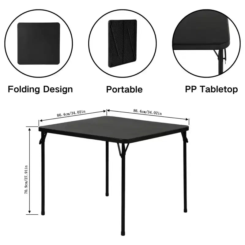 34-Inch Square Folding Table with Heavy-Duty PP Tabletop and Metal Frame, Portable
