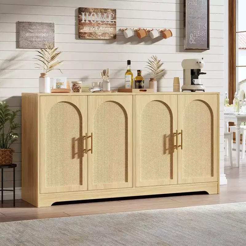 59-Inch Sideboard Buffet Cabinet with Rattan Doors, 2 Shelves, Anti-Tip Hardware
