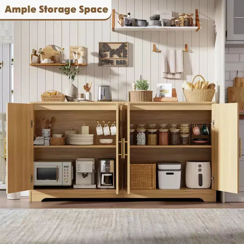59-Inch Sideboard Buffet Cabinet with Rattan Doors, 2 Shelves, Anti-Tip Hardware