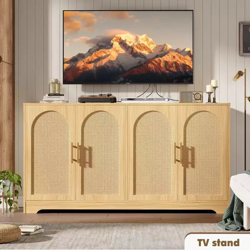 59-Inch Sideboard Buffet Cabinet with Rattan Doors, 2 Shelves, Anti-Tip Hardware