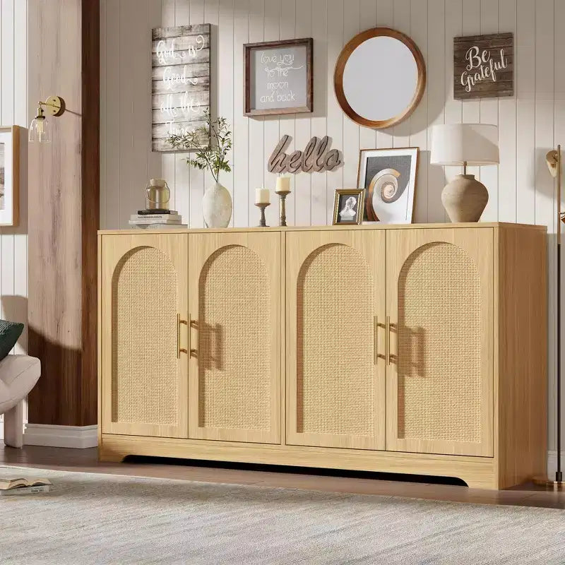 59-Inch Sideboard Buffet Cabinet with Rattan Doors, 2 Shelves, Anti-Tip Hardware