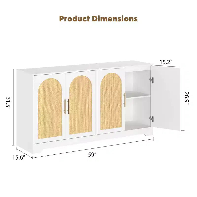 59-Inch Sideboard Buffet Cabinet with Rattan Doors, 2 Shelves, Anti-Tip Hardware