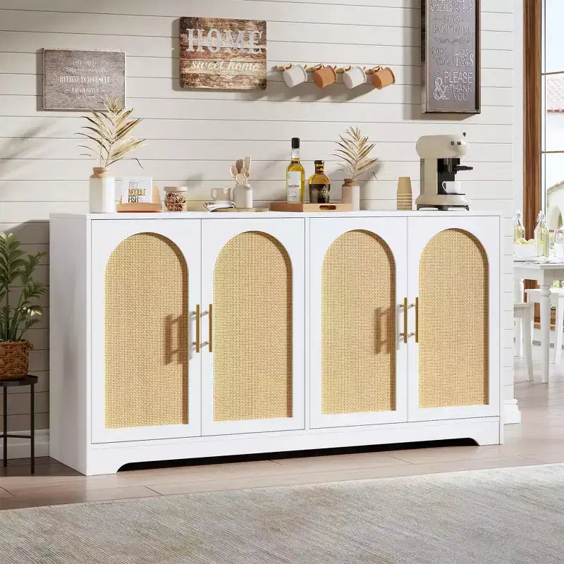 59-Inch Sideboard Buffet Cabinet with Rattan Doors, 2 Shelves, Anti-Tip Hardware