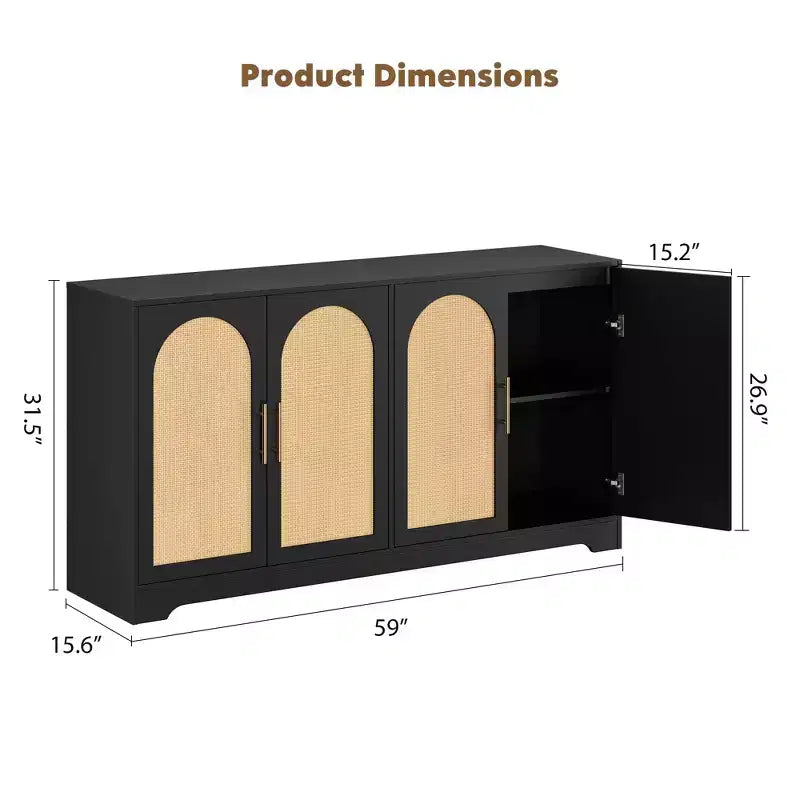 59-Inch Sideboard Buffet Cabinet with Rattan Doors, 2 Shelves, Anti-Tip Hardware