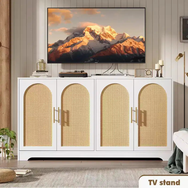 59-Inch Sideboard Buffet Cabinet with Rattan Doors, 2 Shelves, Anti-Tip Hardware