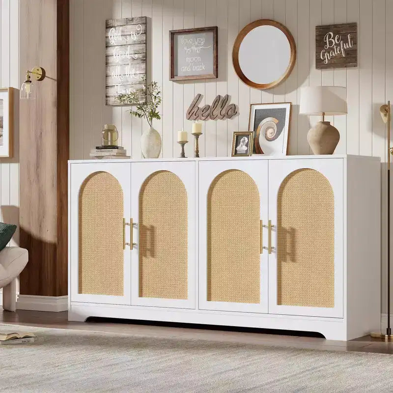 59-Inch Sideboard Buffet Cabinet with Rattan Doors, 2 Shelves, Anti-Tip Hardware