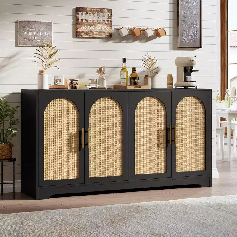 59-Inch Sideboard Buffet Cabinet with Rattan Doors, 2 Shelves, Anti-Tip Hardware