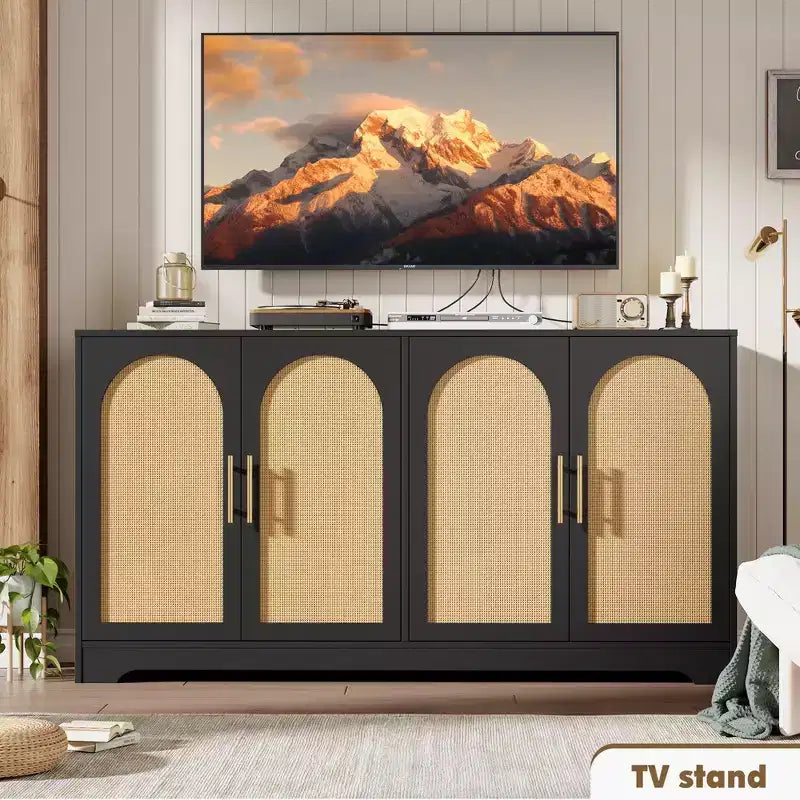 59-Inch Sideboard Buffet Cabinet with Rattan Doors, 2 Shelves, Anti-Tip Hardware