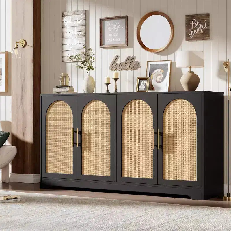 59-Inch Sideboard Buffet Cabinet with Rattan Doors, 2 Shelves, Anti-Tip Hardware
