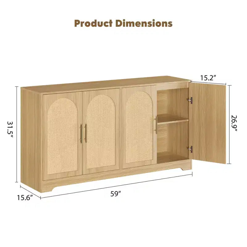 59-Inch Sideboard Buffet Cabinet with Rattan Doors, 2 Shelves, Anti-Tip Hardware
