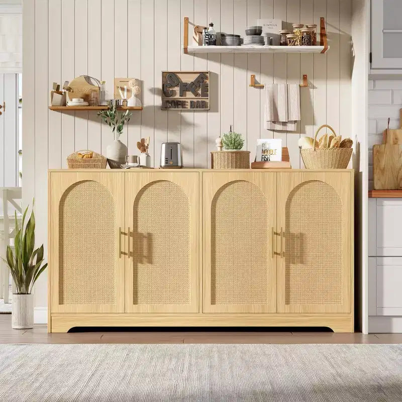 59-Inch Sideboard Buffet Cabinet with Rattan Doors, 2 Shelves, Anti-Tip Hardware