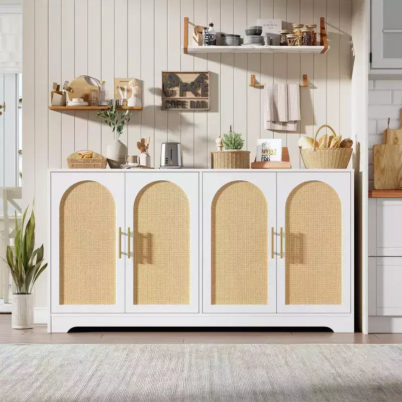 59-Inch Sideboard Buffet Cabinet with Rattan Doors, 2 Shelves, Anti-Tip Hardware