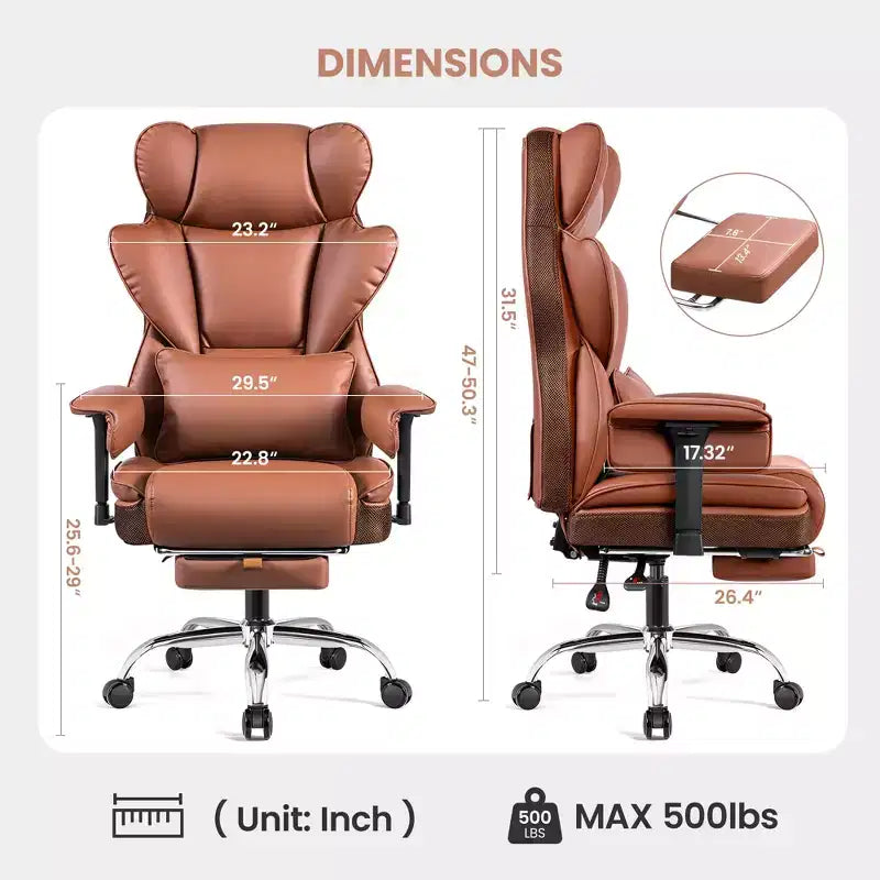 Large Executive PU Leather Office Chair with Adjustable Armrests, Footrest and Lumbar Support, High Back