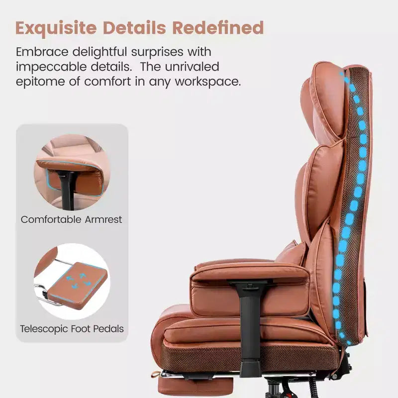 Large Executive PU Leather Office Chair with Adjustable Armrests, Footrest and Lumbar Support, High Back