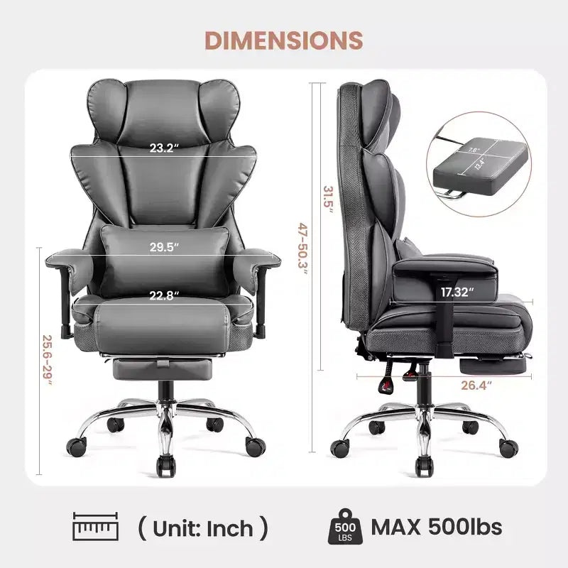 Large Executive PU Leather Office Chair with Adjustable Armrests, Footrest and Lumbar Support, High Back