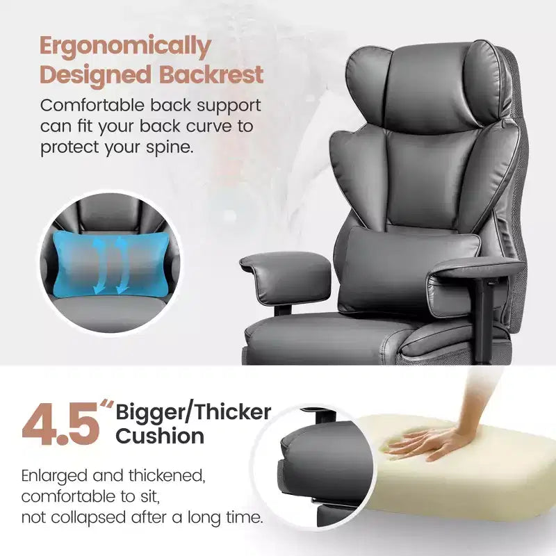 Large Executive PU Leather Office Chair with Adjustable Armrests, Footrest and Lumbar Support, High Back