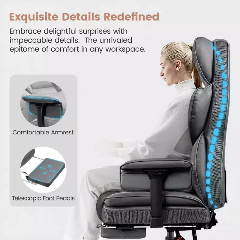 Large Executive PU Leather Office Chair with Adjustable Armrests, Footrest and Lumbar Support, High Back