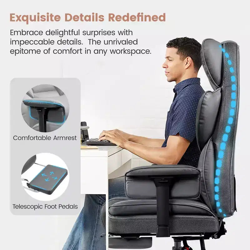 Large Executive PU Leather Office Chair with Adjustable Armrests, Footrest and Lumbar Support, High Back