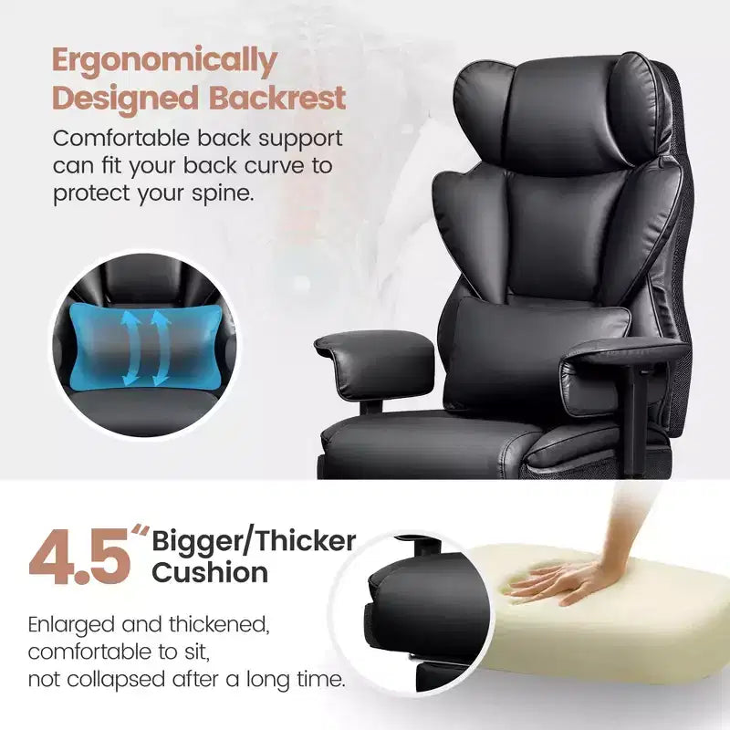 Large Executive PU Leather Office Chair with Adjustable Armrests, Footrest and Lumbar Support, High Back