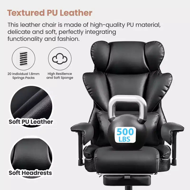 Large Executive PU Leather Office Chair with Adjustable Armrests, Footrest and Lumbar Support, High Back