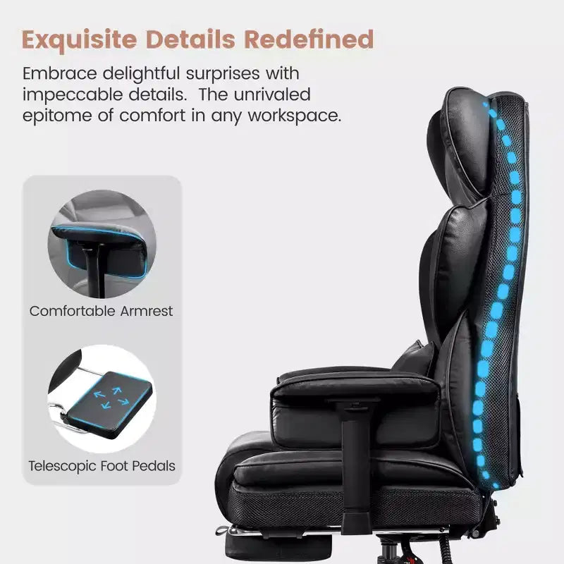 Large Executive PU Leather Office Chair with Adjustable Armrests, Footrest and Lumbar Support, High Back