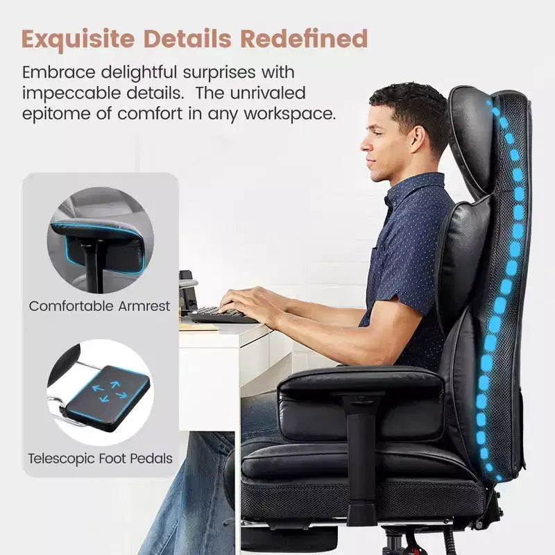 Large Executive PU Leather Office Chair with Adjustable Armrests, Footrest and Lumbar Support, High Back
