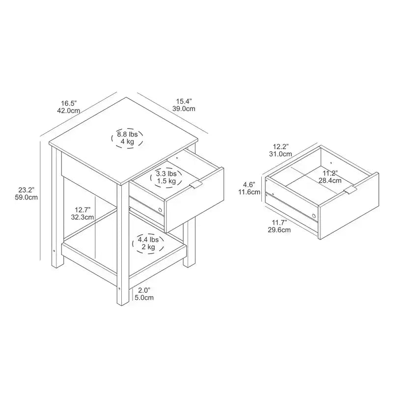 1-Drawer Nightstand with Open Shelf, Compact Bedside Table, 16.5 W x 15.4 D x 23.2 H