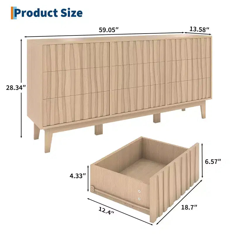 9-Drawer Wooden Dresser, 59-Inch Wide Chest of Drawers for Bedroom, Living Room and Hallway