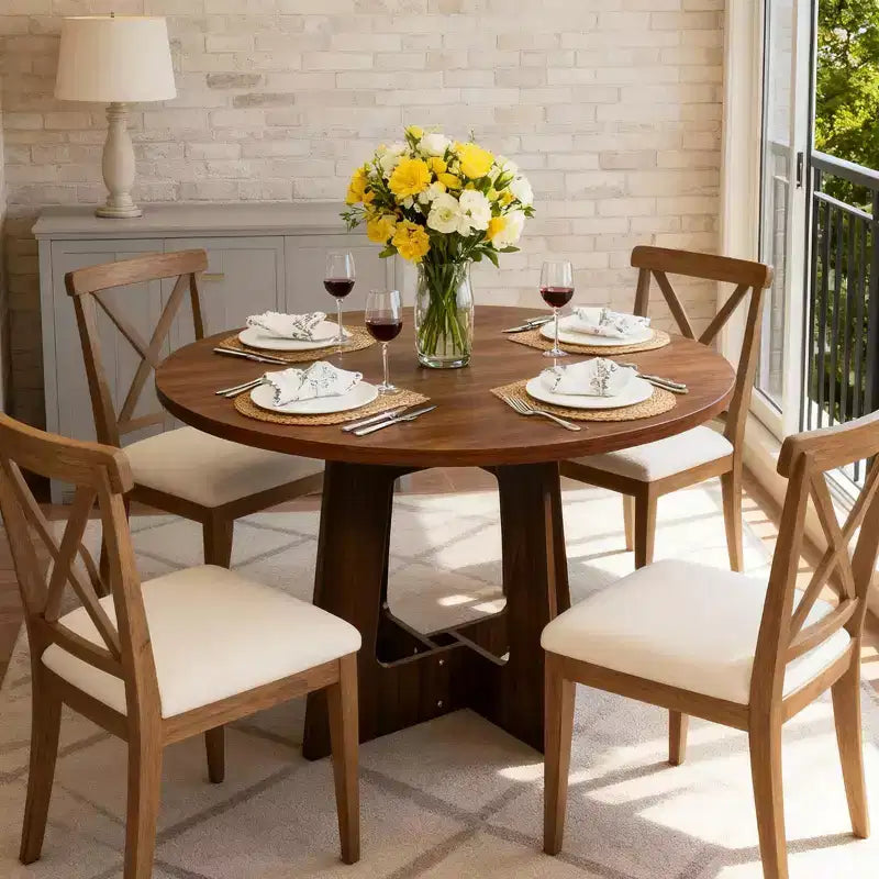 43-Inch Round Wood Dining Table for 4 with Cross Pedestal Base, No Chair