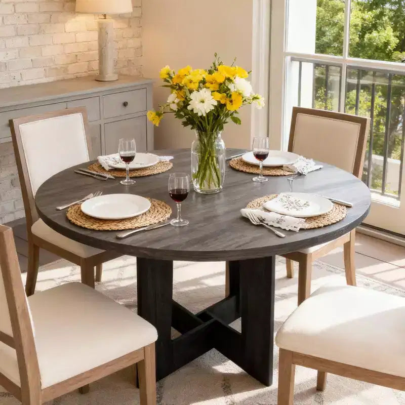 43-Inch Round Wood Dining Table for 4 with Cross Pedestal Base, No Chair
