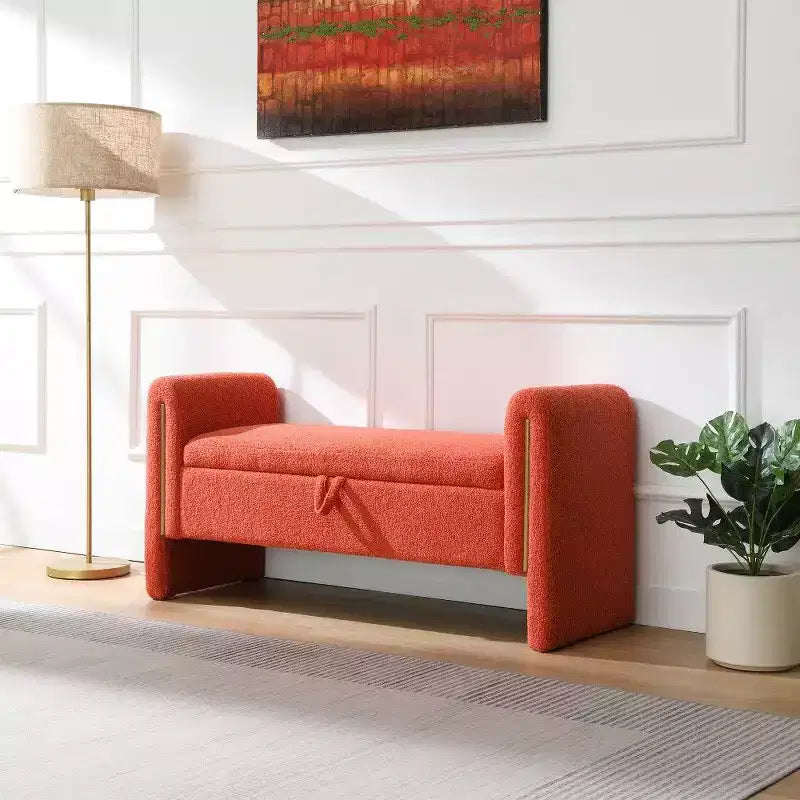 Teddy Fleece Storage Ottoman Bench with Arms, 52-Inch End of Bed Bench for Bedroom