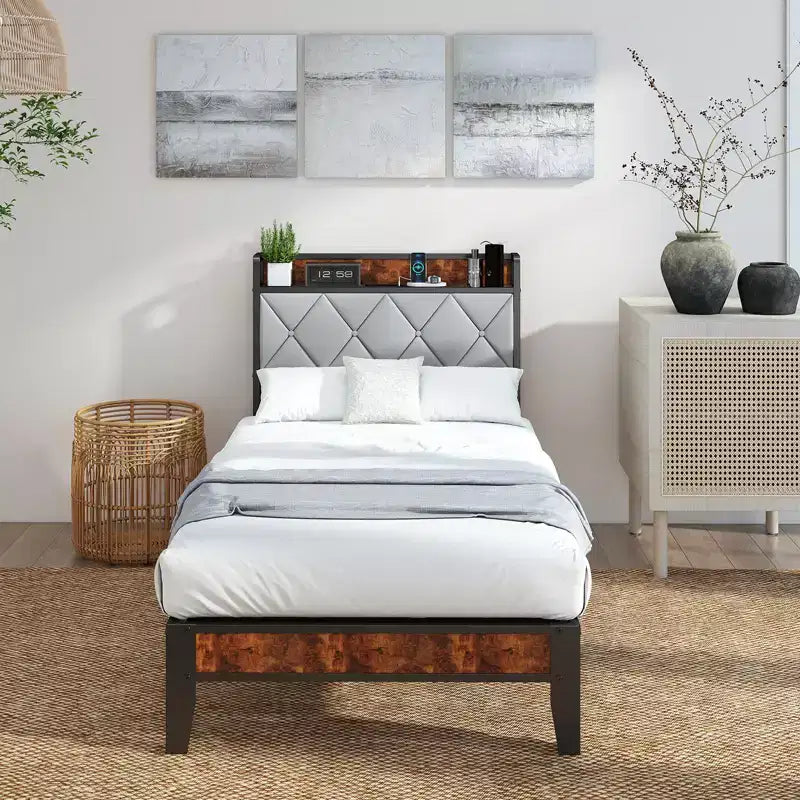 Modern Iron Platform Bed with Charging Port and Upholstered Storage Headboard, Twin/Full/Queen/King