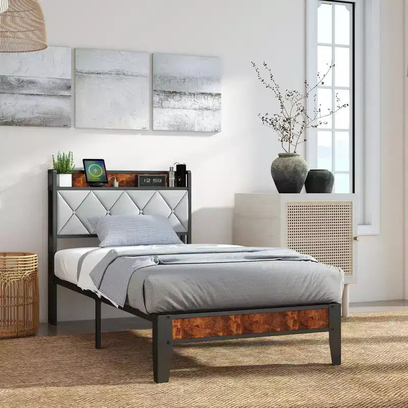 Modern Iron Platform Bed with Charging Port and Upholstered Storage Headboard, Twin/Full/Queen/King