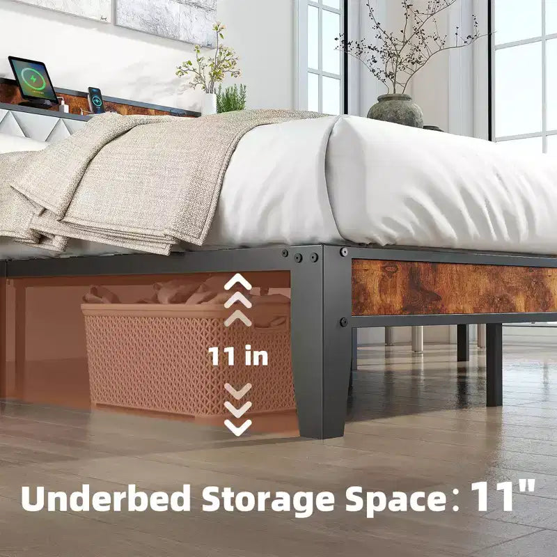 Modern Iron Platform Bed with Charging Port and Upholstered Storage Headboard, Twin/Full/Queen/King