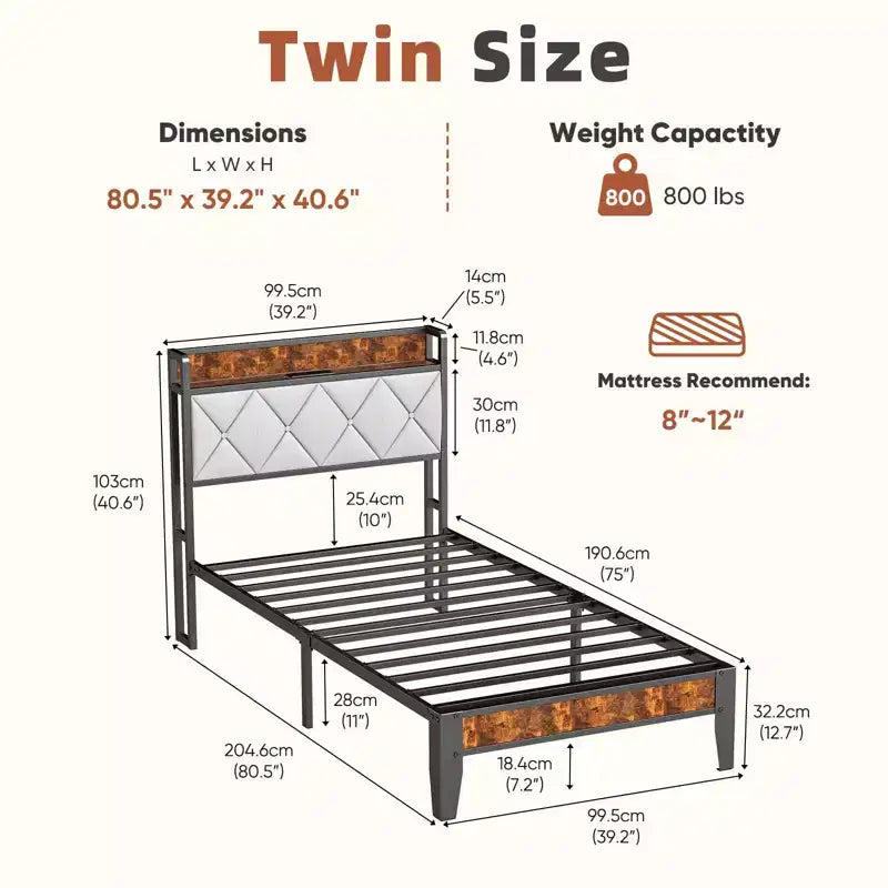 Modern Iron Platform Bed with Charging Port and Upholstered Storage Headboard, Twin/Full/Queen/King