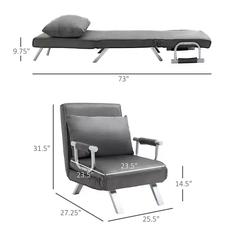 Convertible Sofa Bed Sleeper Chair with 5-Position Backrest and Removable Pillow, Steel Frame