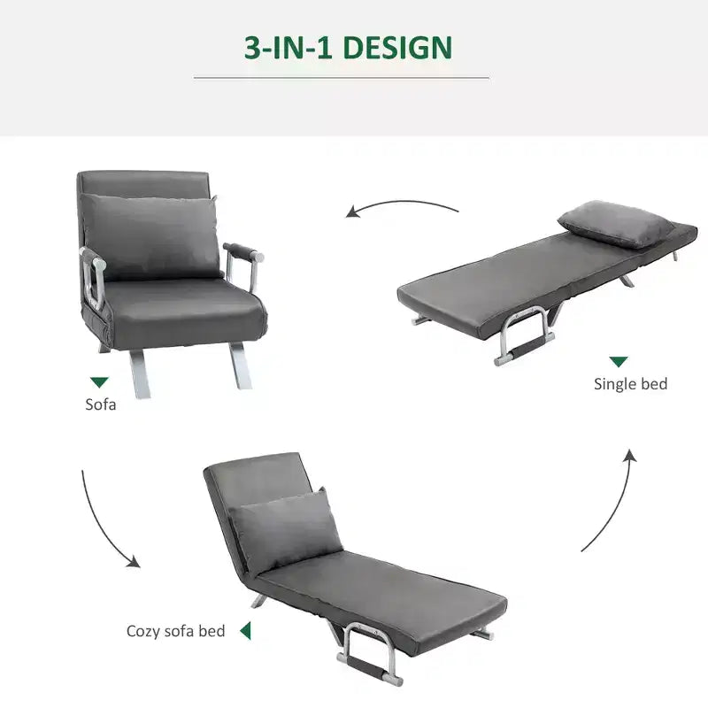 Convertible Sofa Bed Sleeper Chair with 5-Position Backrest and Removable Pillow, Steel Frame