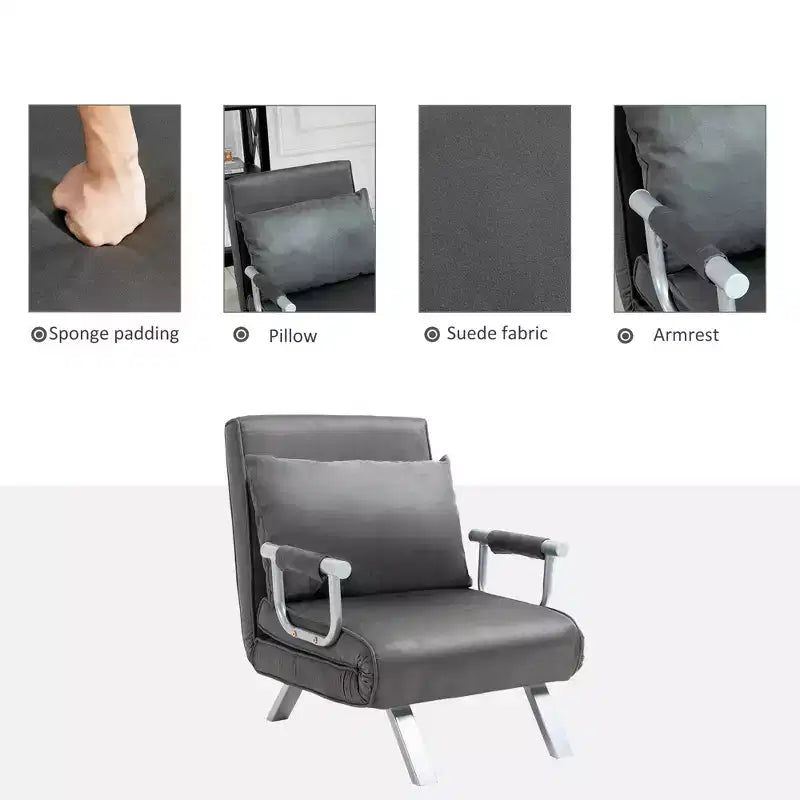 Convertible Sofa Bed Sleeper Chair with 5-Position Backrest and Removable Pillow, Steel Frame