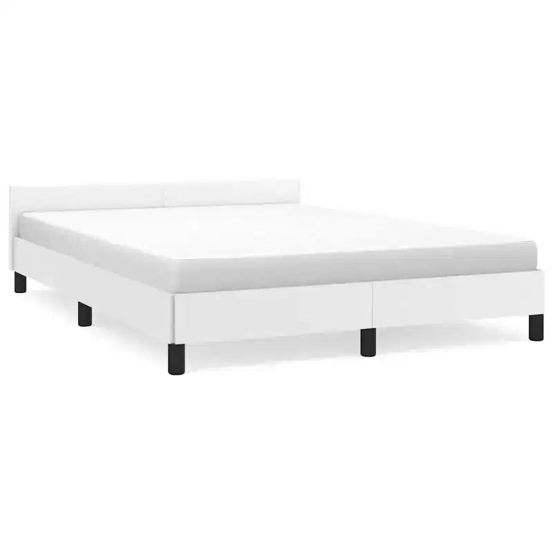 Queen Bed Frame with Faux Leather Headboard, White Scandinavian Style, No Box Spring Needed
