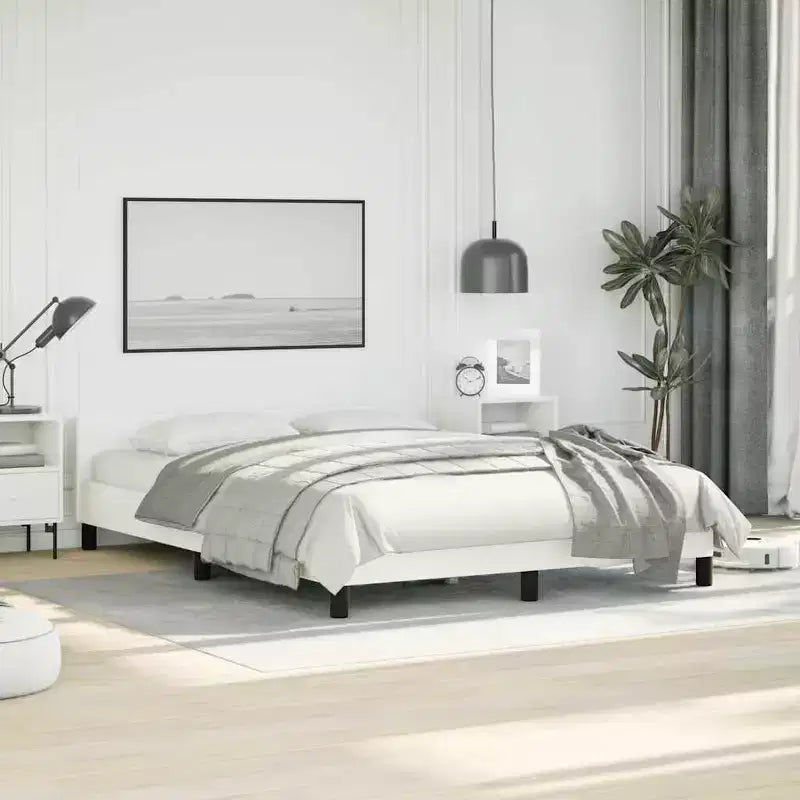 Queen Bed Frame with Faux Leather Headboard, White Scandinavian Style, No Box Spring Needed