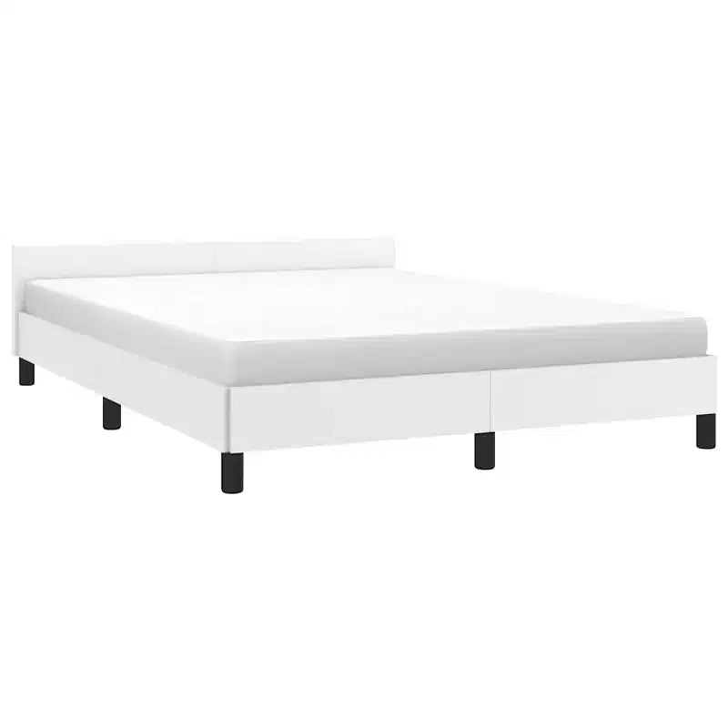Queen Bed Frame with Faux Leather Headboard, White Scandinavian Style, No Box Spring Needed