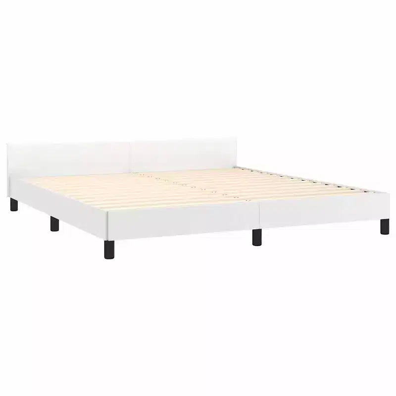 Queen Bed Frame with Faux Leather Headboard, White Scandinavian Style, No Box Spring Needed