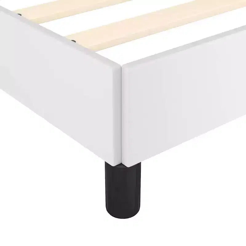Queen Bed Frame with Faux Leather Headboard, White Scandinavian Style, No Box Spring Needed