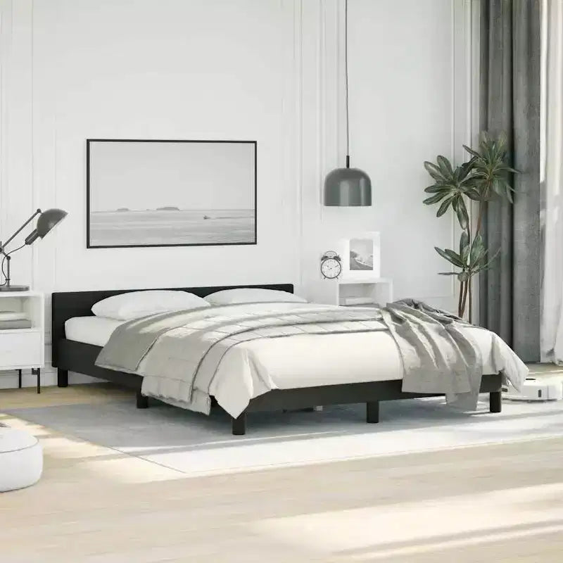 Queen Bed Frame with Faux Leather Headboard, Black, No Box Spring Needed